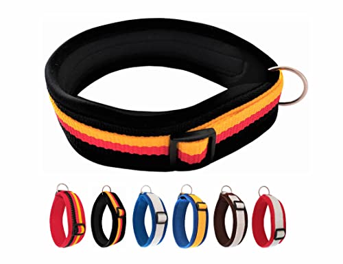 BUDDYPACK | Exklusives Hundehalsband Extra-Breit und Weich mit Neopren-Polster | Größe XXS-3XL | Verstellbar (M (44-49 cm), Schwarz-Rot-Gelb) von Buddypack