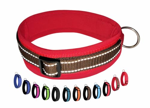 BUDDYPACK | Extra-Breites Hundehalsband mit Reflektorstreifen | Weiches Neopren-Polster | Größe XXS-3XL Verstellbar (M/L (47-52 cm), Braun auf Rot) von Buddypack