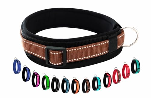 BUDDYPACK | Extra-Breites Hundehalsband mit Reflektorstreifen | Weiches Neopren-Polster | Verstellbar (M/L (47-52 cm), Braun auf Schwarz) von Buddypack