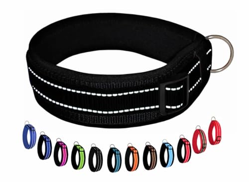 BUDDYPACK | Extra-Breites Hundehalsband mit Reflektorstreifen | Weiches Neopren-Polster | Größe XXS-3XL Verstellbar (M (44-49 cm), Schwarz) von Buddypack