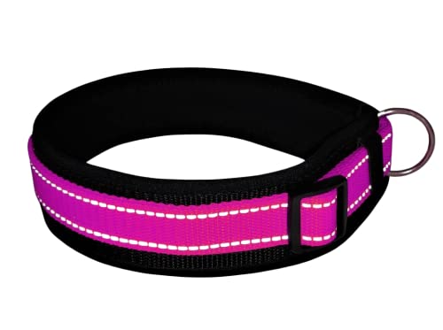 BUDDYPACK | Extra-Breites Hundehalsband mit Reflektorstreifen | Weiches Neopren-Polster | Größe XXS-3XL Verstellbar (S (38-43 cm), Pink-Schwarz) von Buddypack