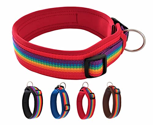 BUDDYPACK | Hundehalsband *Rainbow* Extra-Breit und Weich mit Neopren Gepolstert | Größe XXS-3XL | Verstellbar (XS (32-37 cm), Regenbogen auf Rot) von Buddypack