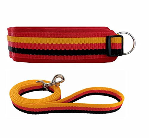 BUDDYPACK | Hundehalsband-Leine-Set | Halsband Extra-Breit Neopren Gepolstert | Größe XXS - XXXL | Leine mit Handschlaufe 1,50 m | (Schwarz-Rot-Gelb, L (50-55 cm)) von Buddypack