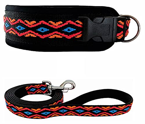 BUDDYPACK | Hundehalsband-Leine-Set | Halsband Extra-Breit und Weich Gepolstert Plus Leine Mit Handschlaufe 1,50 m | Bunt (Schwarz-Orange-Rot-Blau, S/M (41-46 cm)) von Buddypack