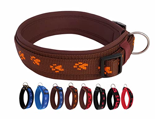 BUDDYPACK | Pfötchen-Hundehalsband Extra-Breit mit Neopren gepolstert | Größe XXS-3XL (4-6 cm breit) | Verstellbar (L (50-55 cm), Orange-Braun) von Buddypack