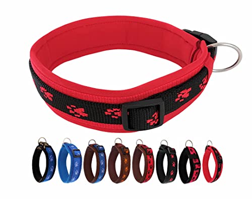 BUDDYPACK | Pfötchen-Hundehalsband Extra-Breit mit Neopren gepolstert | Größe XXS-3XL (4-6 cm breit) | Verstellbar (M/L (47-52 cm), Schwarz-Rot) von Buddypack