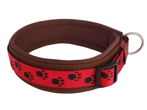BUDDYPACK | Pfötchen-Hundehalsband Extra-Breit mit Neopren gepolstert | Größe XXS-3XL (4-6 cm breit) | Verstellbar (S (38-43 cm), Schwarz-Rot auf Braun) von Buddypack