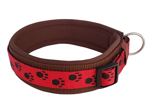 BUDDYPACK | Pfötchen-Hundehalsband Extra-Breit mit Neopren gepolstert | Größe XXS-3XL (4-6 cm breit) | Verstellbar (S (38-43 cm), Schwarz-Rot auf Braun) von Buddypack