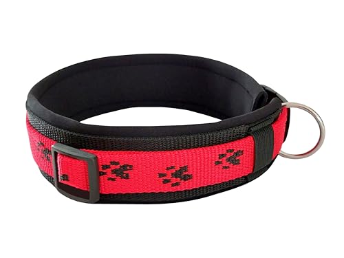 BUDDYPACK | Pfötchen-Hundehalsband Extra-Breit mit Neopren gepolstert | Größe XXS-3XL (4-6 cm breit) | Verstellbar (S (38-43 cm), Schwarz auf Rot) von Buddypack
