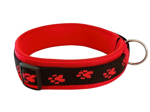 BUDDYPACK | Pfötchen-Hundehalsband Extra-Breit mit Neopren gepolstert | Größe XXS-3XL (4-6 cm breit) | Verstellbar (XS (32-37 cm), Schwarz-Rot) von Buddypack