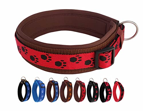 BUDDYPACK | Pfötchen-Hundehalsband Extra-Breit mit Neopren gepolstert | Größe XXS-3XL (4-6 cm breit) | Verstellbar (XS (32-37 cm), Schwarz-Rot auf Braun) von Buddypack