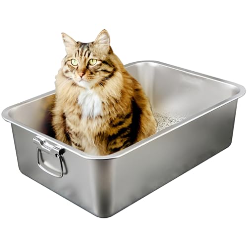 Edelstahl -Katzentoilette mit Griff 15.8x11.8x5,9in Hochseiten Metalldrüsenbox rostfeste Kratzfeste extra große Katzenratschachtel für Katzen Kaninchen von Budstfee