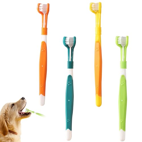Hundzahnbürste 4pcs 3 -Seiten -Zahnbürste für Hunde Zahnpflege mit weichen Borsten Tiefe saubere Katzenzahnbürste mit langem Griff für kleine bis große Hunde Katzen, die Mund reinigen von Budstfee