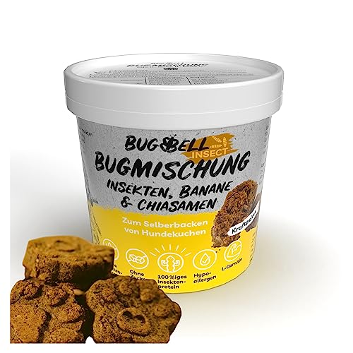 BugBell 8x100g BugMischung, Backmischung zum selbermachen von Hundekuchen, Banane & Chia & Lachsöl & L-Carnitin für ein aktives Hundeleben, Leckerlis ohne Getreide & Zucker, für Adult & Welpen von BugBell