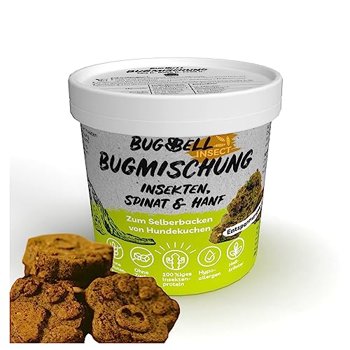 BugBell 8x100g BugMischung, Backmischung für Hundekekse zum Geburtstag o. Weihnachten, Spinat & Hanf zur Entspannung, zuckerfrei & getreidefrei, sensitiv durch Insektenprotein, hergestellt 100% in DE von BugBell