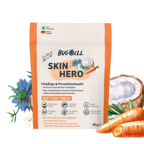 BugBell Getreidefreies Hundeleckerli mit Funktion 60g, für Fellpflege & Parasitenabwehr, mit Karotte, Schwarzkümmelöl, Kokosöl, Zistrosenkraut & Rosmarinpulver von BugBell