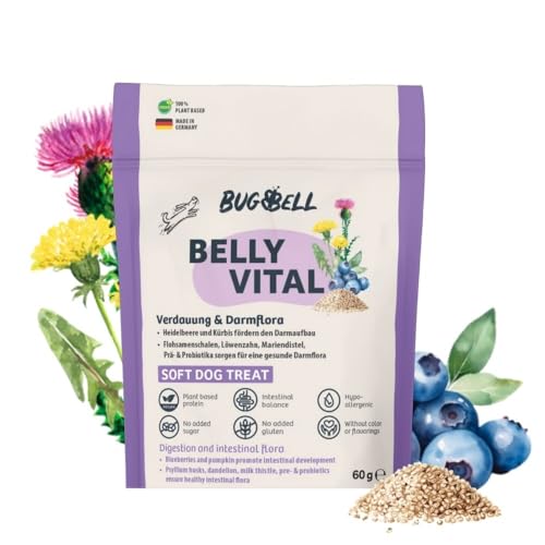 BugBell Snacks Hunde 60g, Verdauung & Darmflora, Fettreduziert & Magenschonend, bei Problemen mit Durchfall und Erbrechen, Löwenzahn, Mariendistel, Präbiotika & Probiotika von BugBell