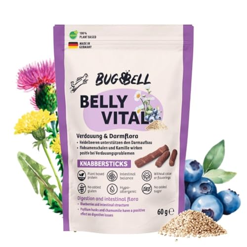 BugBell Softe Knabbersticks für Hunde 60g, Verdauung & Darmflora, Fettreduziert & Vegan, bei Problemen mit Durchfall und Erbrechen, Heidelbeere, Flohsamenschalen, Kamille von BugBell