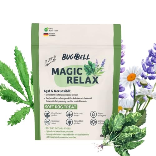 BugBell Softer Hundeleckerli zur Entspannung 60g, bei Angst & Stress, Hypoallergen & Pflanzlich, mit Hanf, Spinat, Fenchel, Kamille von BugBell