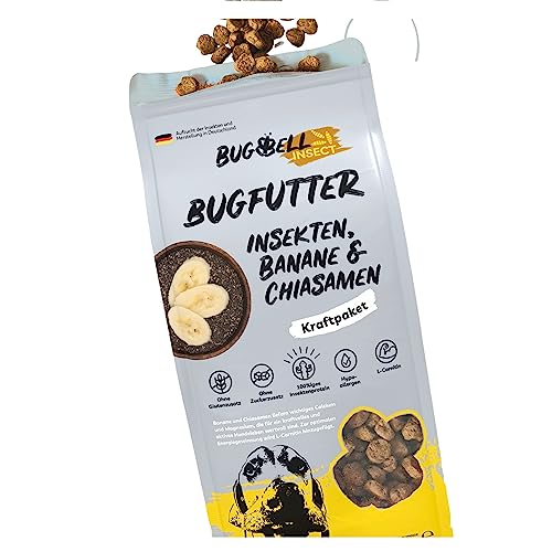 900g BugBell Trockenfutter für Hunde, Insektenprotein ohne Getreide, Banane & Chia & Lachsöl & L-Carnitin unterstützen ein aktives Hundeleben, 100% transparent Deklaration, Hundefutter trocken von BugBell