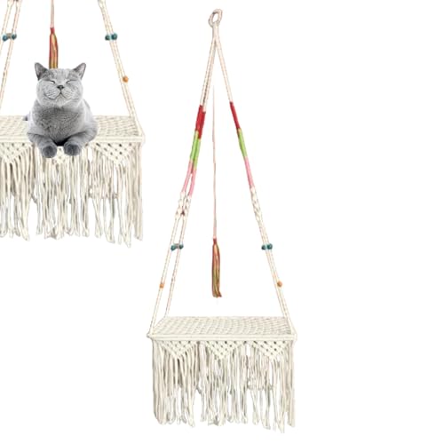Buhyujkm Makramee-Katzenschaukelbett, Boho-Hängematte, zur Wandmontage, kleine Katzen, 50 x 30 x 133 cm, handgefertigtes gewebtes Makramee-Haustierbett, platzsparende, gemütliche Schaukelstange für Buhyujkm Makramee-Katzenschaukelbett, Boho-Hängematte, zur Wandmontage, kleine Katzen, 50 x 30 x 133 cm, handgefertigtes gewebtes Makramee-Haustierbett, platzsparende, gemütliche Schaukelstange für von Buhyujkm