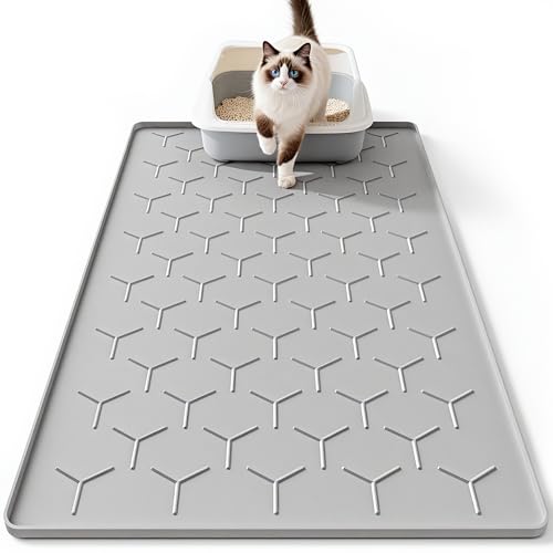 Große Silikon-Katzenstreumatte: Extra große Gummi-Katzenstreu-Matte, 55,9 x 86,4 cm, leicht zu reinigen, wasserdicht, weiche Matte, Katzenfuttermatte (grau, 55,9 x 86,4 cm) von Bulkniu
