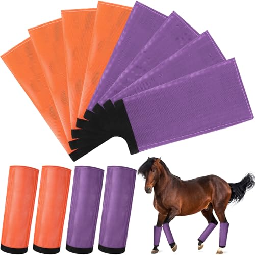 Bulyoou 8 Stück Mesh Fliegenstiefel für Pferd Atmungsaktive Mesh Hufeisen Schützende lose Wickel Verstellbar zur Vorbeugung der Beine Reduziert Fliegen und Mückenstiche (Orange, Lila) von Bulyoou