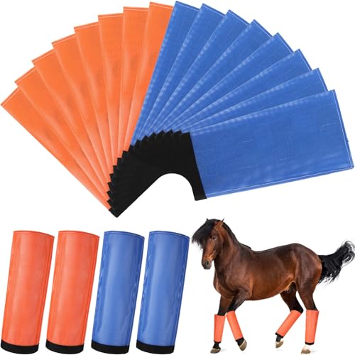 Bulyoou Fliegenstiefel aus Netzstoff für Pferde, atmungsaktiv, schützende Pferdebeinbandagen, Pferde-Leggings zur Vorbeugung von Fliegen und Mückenstichen (Orange, Blau), 16 Stück von Bulyoou