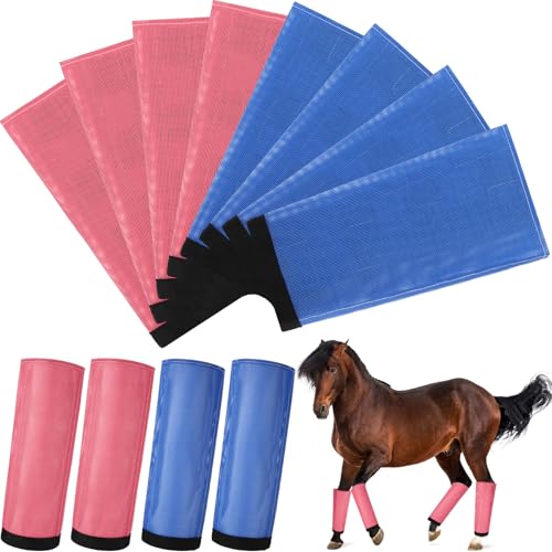 Bulyoou Fliegenstiefel für Pferde, atmungsaktiv, Netzstoff, schützend, lose Bandagen, verstellbar, zur Vorbeugung von Beinen, reduziert Fliegen und Mückenstiche (Blau, Rosa), 8 Stück von Bulyoou