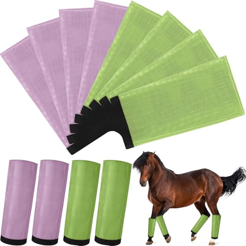 Bulyoou Fliegenstiefel für Pferde, atmungsaktiv, Netzstoff, schützend, lose Bandagen, verstellbar, zur Vorbeugung von Beinen, reduziert Fliegen und Mückenstiche (Grün, Violett), 8 Stück von Bulyoou