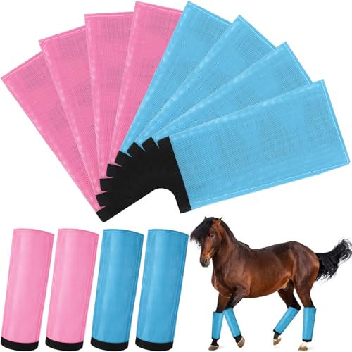 Bulyoou Fliegenstiefel für Pferde, atmungsaktiv, Netzstoff, schützend, lose Bandagen, verstellbar, zur Vorbeugung von Beinen, reduziert Fliegen und Mückenstiche (Hellblau, Hellrosa), 8 Stück von Bulyoou