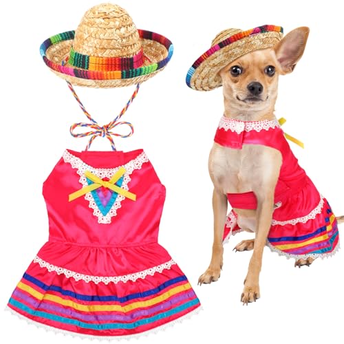 Bulyoou Mariachi Mexikanisches Hundekostüm-Set, mexikanisches Hundekleid und Sombrero Charro für Welpen, Katzen, Haustiere, Mexiko-Kostüm, Halloween, Mexiko, Unabhängigkeitstag, Día De Los Muertos von Bulyoou