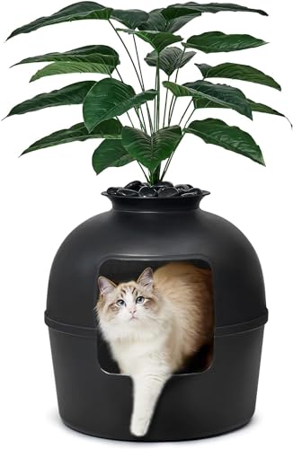 Geheime Katzentoilette von Bundle & Bliss - Verstecktes Katzenklo mit Geruchskontrolle, Kohlefilter, Kunstpflanze und echten Steinen, perfekt für große Katzen (Mattschwarz) von Bundle & Bliss