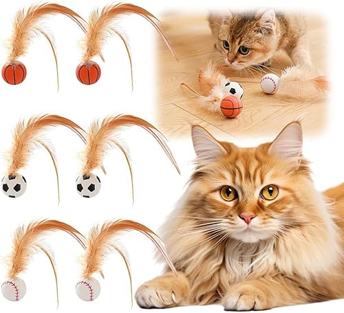 Bursker 2025 Interaktives Federballspielzeug für Katzen – 3er Set Elastische Silikonbälle mit Sportball-Design & Leisen Federn, Bewegungsförderndes Katzenspielzeug für Wohnungskatzen (6PCS) von Bursker