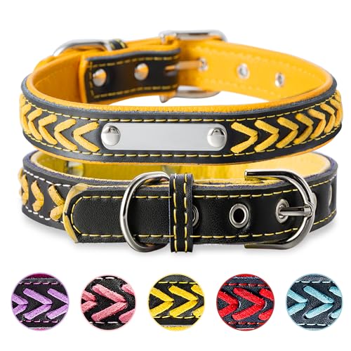 Geflochtenes Hundehalsband aus Leder Personalisierte Leder Hundehalsband mit Namen Gravur Gelb Halsband mit Namenschild für Welpen Hundehalsbänder XS von Buruslove