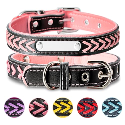 Geflochtenes Hundehalsband aus Leder Personalisierte Leder Hundehalsband mit Namen Gravur Rosa Halsband mit Namenschild für Welpen Hundehalsbänder XS von Buruslove