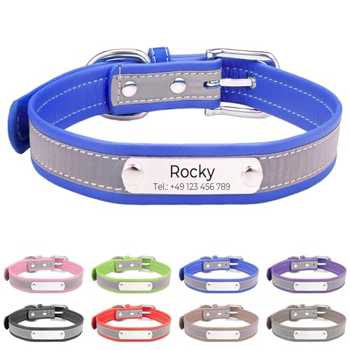 Reflektierend Halsband für Hunde aus Leder Personalisierte Hundehalsband mit Namen Gravur Blau Halsband mit Namenschild für Welpen Katze, Hundehalsbänder XS von Buruslove