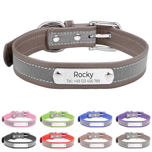 Reflektierend Halsband für Hunde aus Leder Personalisierte Hundehalsband mit Namen Gravur Dunkelblau Halsband mit Namenschild für den großen, mittleren Hund,Hundehalsbänder XL von Buruslove