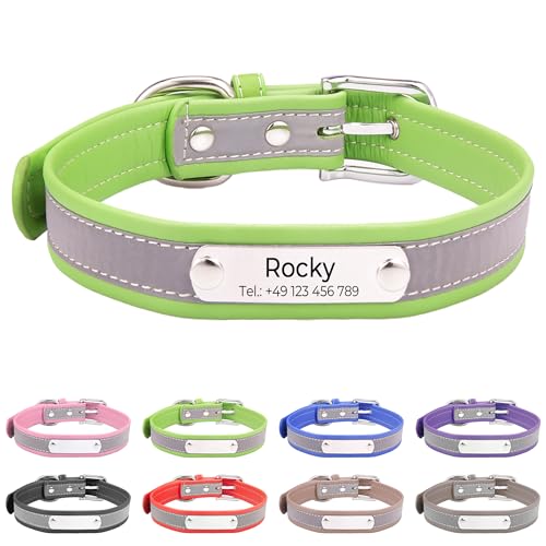 Reflektierend Halsband für Hunde aus Leder Personalisierte Hundehalsband mit Namen Gravur Grün Halsband mit Namenschild für den großen, mittleren Hund,Hundehalsbänder XL von Buruslove