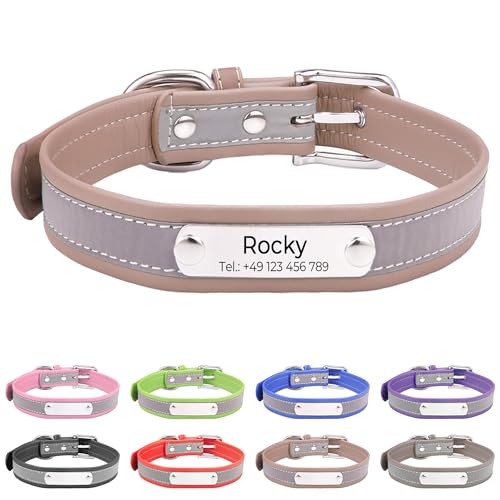 Reflektierend Halsband für Hunde aus Leder Personalisierte Hundehalsband mit Namen Gravur Hellbraun Halsband mit Namenschild für den großen, mittleren Hund, Hundehalsbänder L von Buruslove