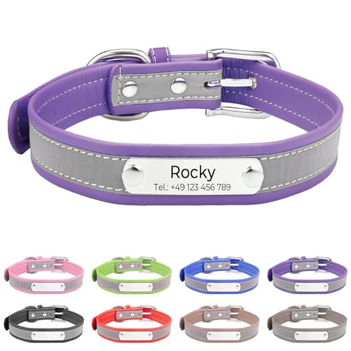 Reflektierend Halsband für Hunde aus Leder Personalisierte Hundehalsband mit Namen Gravur Lila Halsband mit Namenschild für den mittleren Hund,Hundehalsbänder M von Buruslove