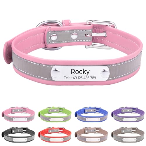 Reflektierend Halsband für Hunde aus Leder Personalisierte Hundehalsband mit Namen Gravur Rosa Halsband mit Namenschild für Welpen Katze, Hundehalsbänder XS von Buruslove