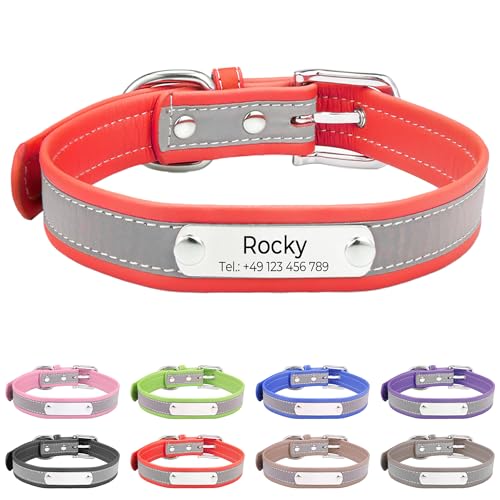 Reflektierend Halsband für Hunde aus Leder Personalisierte Hundehalsband mit Namen Gravur Rot Halsband mit Namenschild für den großen, mittleren Hund, Hundehalsbänder L von Buruslove