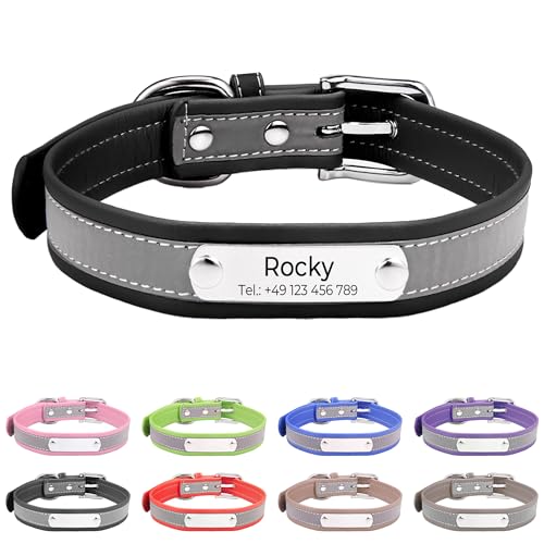 Reflektierend Halsband für Hunde aus Leder Personalisierte Hundehalsband mit Namen Gravur Schwarz Halsband mit Namenschild für den großen, mittleren Hund,Hundehalsbänder XL von Buruslove