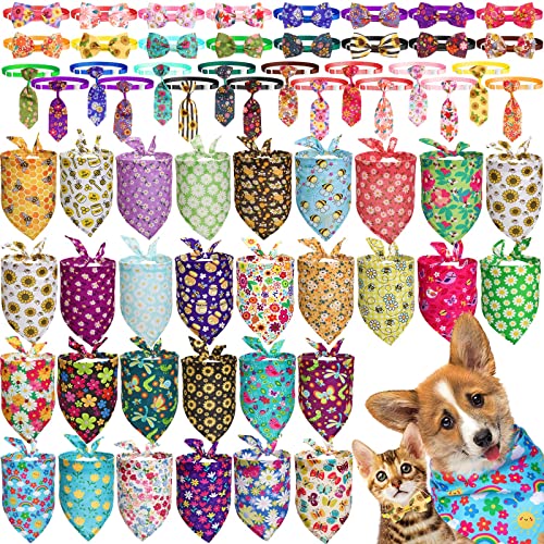 62 Stück Sommerblumen-Halstücher für Hunde, Fliege, Halsband-Set enthält 30 Haustier-Bandana, Dreiecks-Hundeschals, Lätzchen, 16 verstellbare Hundefliegen, 16 Krawatten für mittelgroße und große Hunde von Buryeah