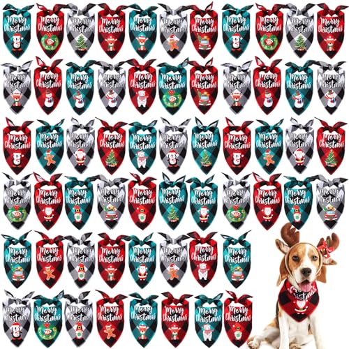 Buryeah 60 Stück Weihnachts-Hundehalstücher für Hunde, klassisch, kariert, Dreieckstuch, Set für Weihnachten, kleine, mittelgroße und große Hunde (rot, schwarz, grün, neuartiger Stil) von Buryeah