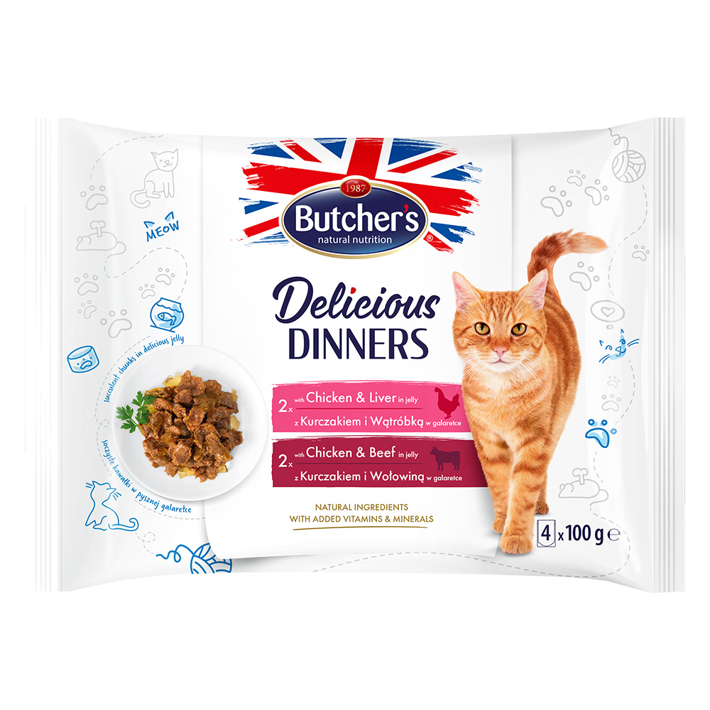 Butcher's Delicious Dinners Katze 32 x 100 g - Mix: Huhn & Leber, Huhn & Rind von Butcher's
