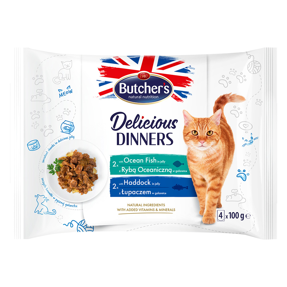Butcher's Delicious Dinners Katze 32 x 100 g - Mix: Meeresfisch, Schellfisch von Butcher's