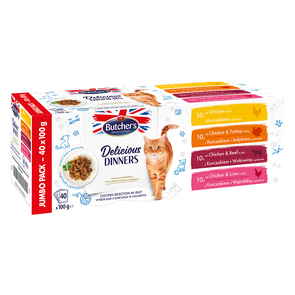 Megapack Butcher's Delicious Dinners 40 x 100 g - Hühnchenauswahl in Gelee (4 Sorten) von Butcher's