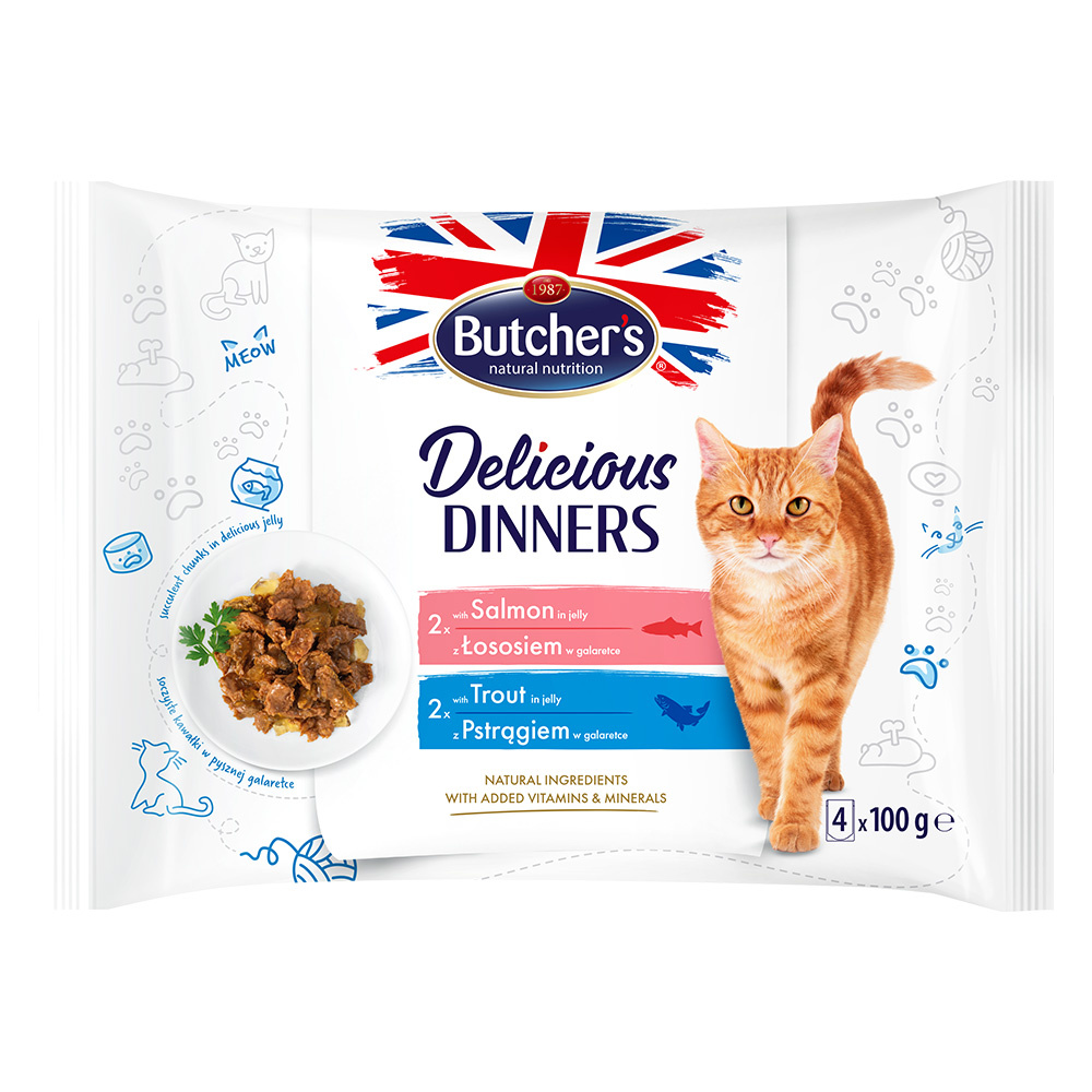 Megapack Butcher's Delicious Dinners Katze 64 x 100 g - Mix: Lachs, Forelle Megapack Butcher's Delicious Dinners Katze 64 x 100 g - Mix: Lachs, Forelle von Butcher's